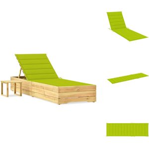 vidaXL Loungebed - Tuinmeubelen - 198x68x(28-75) cm - Rustiek design - Verstelbare rugleuning - Grenenhout - Heldergroen kussen - Ligbed