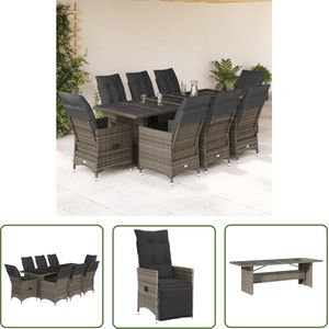 The Living Store 9-delige Bistroset met kussens poly rattan grijs - Tuinbank - Bistro Set - Lounge Set - Buitendecoratie - Poly Rattan