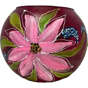 Handbeschilderde design bol vaas donker rood met roze bloemen