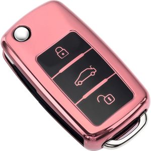 Zachte TPU Sleutelcover - Metallic Chroom Roze - Sleutelhoesje Geschikt voor Volkswagen Golf / Polo / Tiguan / Up / Passat / Seat Leon / Seat Mii / Skoda Citigo - Sleutel Hoesje Cover - Auto Accessoires