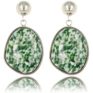 Zilveren oorsteker met echte Green Spotted Jade edelsteen - Zilveren oorbel met ronde hanger en Green Spot Jade edelsteen - Met luxe cadeauverpakking