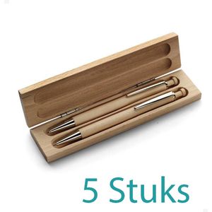 5 Luxe pennensets in hout (Beukenhout) - Balpen en vulpotlood - In houten doosje - Kan gepersonaliseerd worden met logo of naam