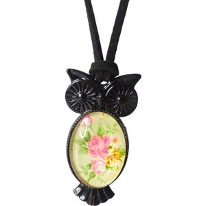 2 Love it Gebloemde Uil - Ketting - Suede veter - Metaal - Lengte 45 cm - Geel - Roze - Zwart