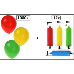 1000x Ballon rood/geel/groen + 12x ballonpomp - Carnaval themafeest festival feest party