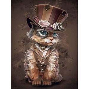 Denza - Diamond painting kat met hoed 40 x 50 cm volledige bedrukking ronde steentjes direct leverbaar luxe poes