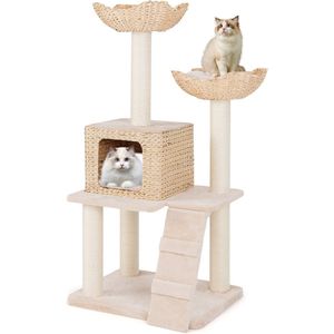 COSTWAY Krabpaal met kattenmand, 122 cm, kattenboom met 2 zitstokken en kussens en holte van buiskolven, ladder en sisalpalen, meertraps klimboom, kattenkrabpaal katten, klein, beige