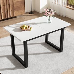 Uitschuifbare eettafel, Wit + Zwart, Spaanplaatmateriaal, Eettafel in industriële Stijl, Rechthoekige eettafel, Salontafel, moderne eenvoudige ijzeren eettafel, ruimtebesparende multifunctionele eettafel