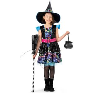 Funny Fashion - Heks & Spider Lady & Voodoo & Duistere Religie Kostuum - Heks Magische Portia - Meisje - Blauw, Zwart - Maat 116 - Carnavalskleding - Verkleedkleding