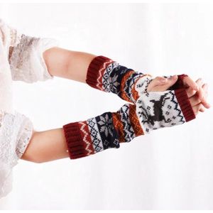 New Age Devi - Polswarmers met rendieren - Scandinavische winter armwarmers rood - Gebreide vingerloze lange handschoenen - Dames
