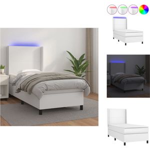 vidaXL Boxspring Bed - 203 x 93 x 118/128 cm - LED - Duurzaam kunstleer - Verstelbaar hoofdbord - Pocketveringmatras - Huidvriendelijk topmatras - Wit - 90 x 200 cm - Met LED-strip - Bed