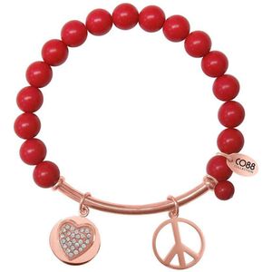 CO88 Collection Beloved 8CB 50007 Rekarmband met Stalen Elementen - Zirkonia Hart en Peace - Natuursteen 8 mm - One-size - Rood