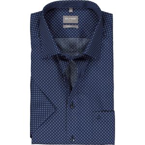 OLYMP comfort fit overhemd - korte mouw - popeline - donkerblauw met wit en lichtblauw dessin - Strijkvrij - Boordmaat: 40
