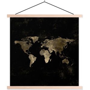 Posterhanger incl. Poster 60x60 cm - Schoolplaat - Wereldkaart - Zwart - Goud - Textielposter - Blanke latten