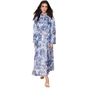 Trendyol Rode Lange Avondjurk Van Chiffon Met Bloemenmotief Tctss24Eb00040