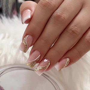 24 stuks middelgrote vierkante opdrukbare gouden glitter-kunstnagels met design - Roze kleurverloop, volledige afdekking met lijm