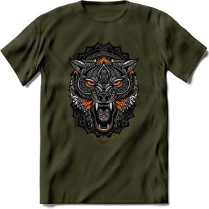 Wolf - Dieren Mandala T-Shirt | Oranje | Grappig Verjaardag Zentangle Dierenkop Cadeau Shirt | Dames - Heren - Unisex | Wildlife Tshirt Kleding Kado | - Leger Groen - L