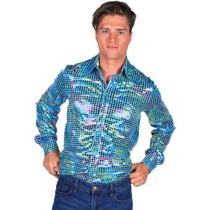 Overhemd Disco - Heren Blouse - Disco 80/90 - Hippie - Carnaval - Verkleedkleding - Turquoise - Maat XL