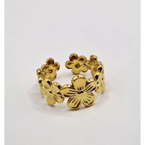 Verstelbare ring met bloemen - Gouden ring - one size - Dames ring - Statement Piece -