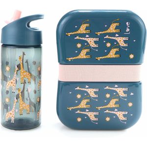 Giraf broodtrommel + drinkfles Roze-Blauw | Vrolijke bentobox lunchbox met drinkbeker voor kinderen | Waterfles BPA vrij | LS33