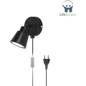 LifeStages - Wandlamp Binnen Met Snoer - Wandlamp Met Schakelaar En Stekker - Zwart GU10 - Retro - 50W Wandlamp Binnen Met Schakelaar En Stekker - Draaibaar - Voor Slaapkamer, Woonkamer, Gang - Lamp Niet Inbegrepen