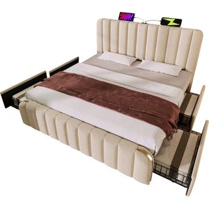 Merax Kingsize TweepersoonsBed 180x200 cm met 4 Opberglades en USB-C Aansluiting - Gestoffeerd Bed met Goudkleurige Sierstrepen - Beige