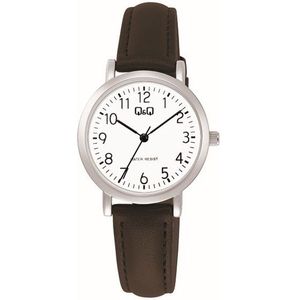 Q&Q C35A-008PY - Horloge - Vrouwen - Dames - Leren band - Rond - Metaal - Cijfers - Zwart - Zilverkleurig - Wit