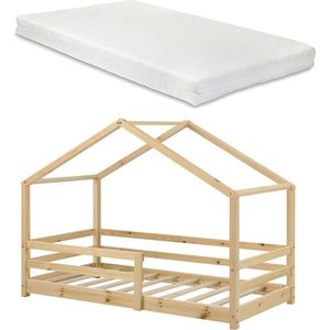 Kinderbed Primrose - Grenen - Huisbed - Met matras en valbescherming - 90x200 cm - Houtkleurig - Voor meisjes - Voor jongens - Voor kinderen