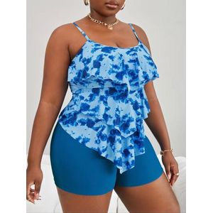 Plus Size Vacay Tankini Set- Dames Tie dye Gelaagde Ruffle Cami Top&Short- 2 delig tankini Badpak Bikini Zwenkleding Strandkleding 282- Pauw Blauw- Maat XXL