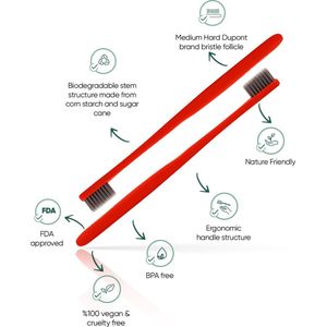 t-brush | Biologisch Afbreekbare Tandenborstel – Rood - Zacht voor gevoelige tandvlees – Vegan – BPA-vrij