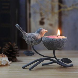 Waxinelichthouder/Theelichthouder Metalen Votief KandelaarsDecoratieve Theelichtkaarsenstandaards voor TafelVintage Woondecoratie Middelpunt Kenmerken Vogel-Nest en Boom (Grijs Zwart)
