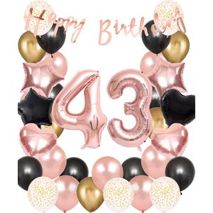 Snoes Ballonnen 43 Jaar Set Mega Rose Black Zwart Ballonen set - Compleet Feestpakket Cijferballon 43 Jaar - Verjaardag Versiering Slinger Happy Birthday – Folieballon – Latex Ballonnen - Helium Ballonnen