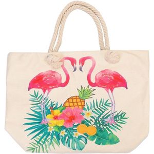 Een vrolijke strandtas in een print van flamingo's, bloemen en een ananas (50x35cm) gevoerd en afsluitbaar met een rits aan de binnenkant. Afgewerkt met twee handvaten van gedraaid touw. Een leuke tas voor uzelf of als Cadeau.