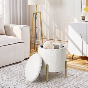 Néos® Opvouwbare Poef - Met Opbergruimte - Voor Woonkamer en Slaapkamer - Teddy Fleece en MDF - Wit en Goud - 18L