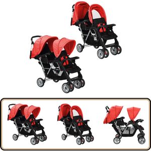 vidaXL Kinderwagen Dubbel - Rood/Zwart - Inklapbaar Dubbele Kinderwagen - Kinderwagen - Baby Artikelen - Loopwagen - Kindertransport