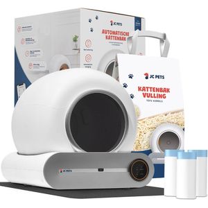 JC Pets Automatische Kattenbak Starterpakket met App en Touchscreen - Zelfreinigende Elektrische Kattenbak 65L - Inclusief 2.5kg Kattenbakvulling, Kattenbakmat en 3 Rollen Opvangzakjes - Geschikt voor Alle Katten - Robot Kattenbak