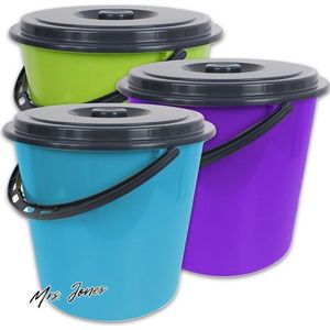 Mrs. Jones Premium Collection Emmer met deksel - 5 liter - Kunststof - Voedselveilig - 3-kleurig - Set van 3 .