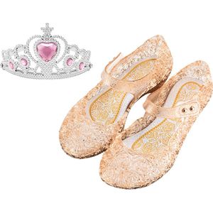 Prinsessenschoenen klittenband + kroon (tiara) - goud - maat 25/26 - vallen 1-2 maten kleiner - Het Betere Merk - verkleedschoenen prinses - prinsessen schoenen plastic - Giftset voor bij je Prinsessenjurk - binnenzool 16 cm