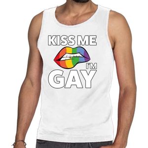 Kiss me i am gay tanktop / mouwloos shirt wit voor heren - Gay pride kleding XL