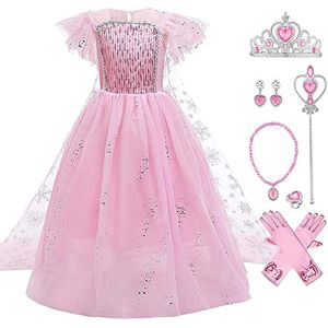 Prinsessenjurk meisje - Elsa jurk - Het Betere Merk - Prinsessen speelgoed - Roze jurk - Carnavalskleding kinderen - Prinsessen verkleedkleding - 140/146(150) - Juwelenset - Lange handschoenen - kroon - Tiara - Toverstaf - Kleed