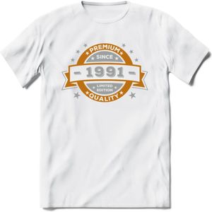 Premium Since 1991 T-Shirt | Zilver - Goud | Grappig Verjaardag en Feest Cadeau Shirt | Dames - Heren - Unisex | Tshirt Kleding Kado | - Wit - XXL