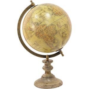 HAES DECO - Decoratieve Wereldbol met bruin houten voet - formaat 22x35cm - kleuren Beige / Bruin / Roze - Vintage Wereldbol, Globe, Aarbol