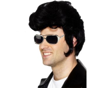 Elvis verkleed set pruik zwart en Elvis bril voor heren - Rock and Roll thema uit de jaren 50 en 60