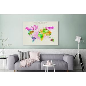 Canvas Wereldkaart - 180x120 - Wanddecoratie Wereldkaart - Verf - Kleurrijk