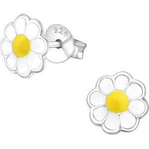 Joy|S - Zilveren madelief oorbellen - bloem oorknoppen - 7 mm - wit geel - kinderoorbellen
