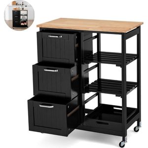 Keukeneiland - Verplaatsbaar - Keukenkast - Dressoir - Organizer - Kasten - Houten Werkblad - Lade - Zwart