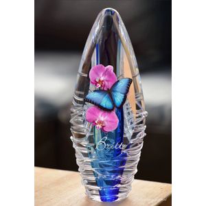 Crematie-as Urn Glas Premium Design Blauw met orchidee bloem/ vlinder afbeelding en een naam-Urn met afbeelding dmv.hoge kwaliteit sign folie-Urn voor crematie-as-Deelbestemming urn Mens-Urn Dierbare-As Urn-70ml-Premium kwaliteit