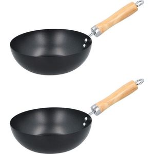 Set van 2x Wok pan houten handvat 20 cm - Met anti-aanbaklaag - Steelwok - Geschikt voor keramisch, halogeen, gas en elektrisch - Koken/Bakken