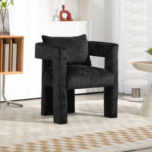 Moderne chenille-single lounge stoel, eetkamerstoel, uniek ontwerp met holle armleuningen, comfortabele kussens, geschikt voor woonkamer, eetkamer, slaapkamer en kantoor (zwart)