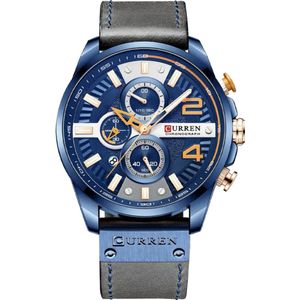 Curren Horloge - Bruin - Blauw - Heren - Analoog - Ø45mm - Kunstleer - Datumaanduiding - Stopwatch