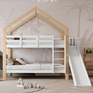 Sweiko Stapelbed met Glijbaan en Drietraps Hoekladder, Huisbed met Valbeveiliging, Kinderbed, Bedframe van Massief hout, Wit en nature, 90x200 cm